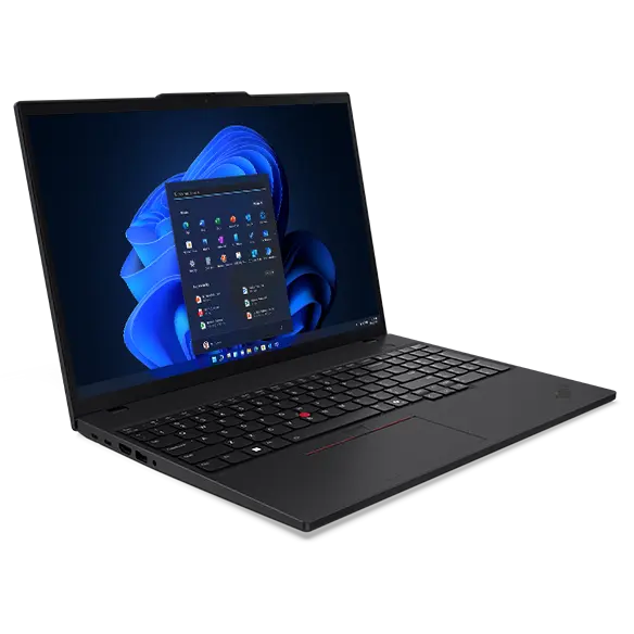 Ordinateur portable Lenovo ThinkPad T16 Gen 3 (16'' Intel) — vue de face depuis la droite, capot ouvert, avec menu Windows à l'écran.