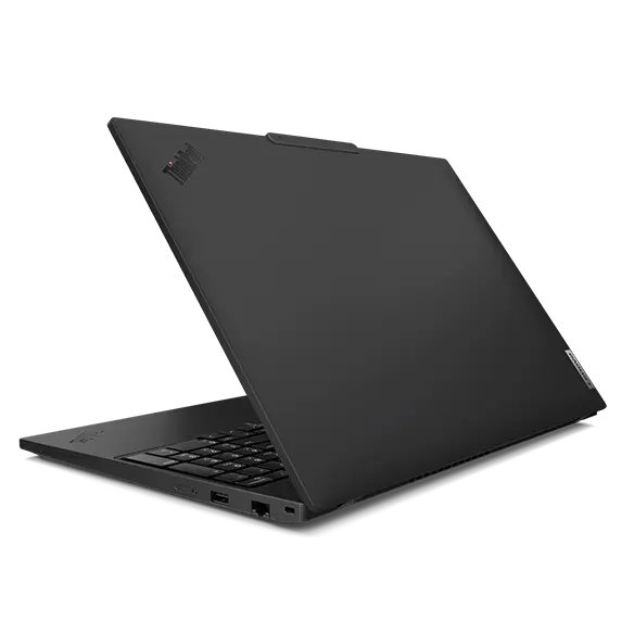 Ordinateur portable Lenovo ThinkPad T16 Gen 3 (16'' Intel) — vue arrière depuis la droite, capot partiellement ouvert