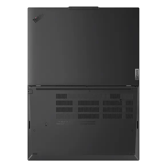 Ordinateur portable Lenovo ThinkPad T16 Gen 3 (16'' Intel) — vue de dessous, capot ouvert à plat.