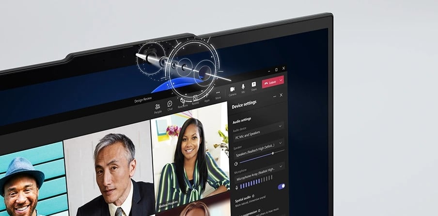 Ordinateur portable Lenovo ThinkPad T16 Gen 3 (16'' Intel) — gros plan de l'écran, avec une carte graphique montrant une vue éclatée de la webcam