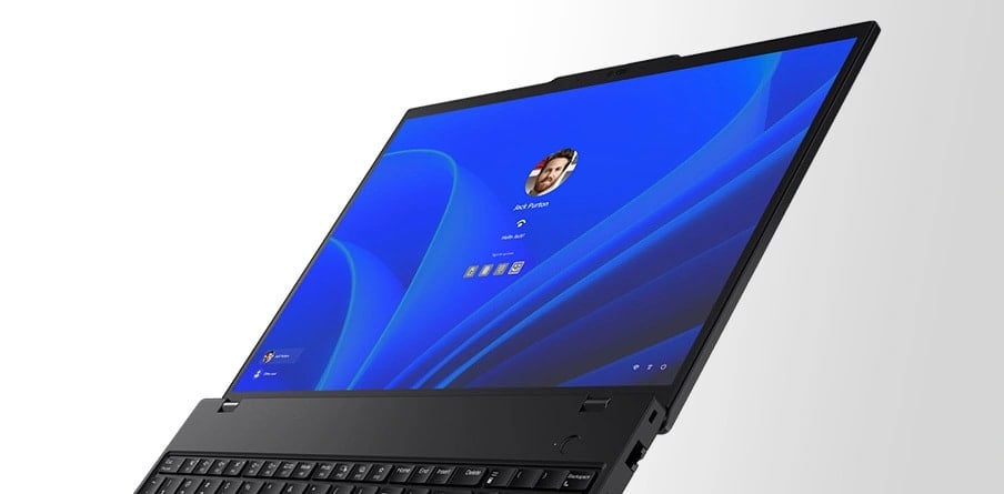 Ordinateur portable Lenovo ThinkPad T16 Gen 3 (16'' Intel) — ouvert à 180 degrés, montrant l'écran de connexion de Windows