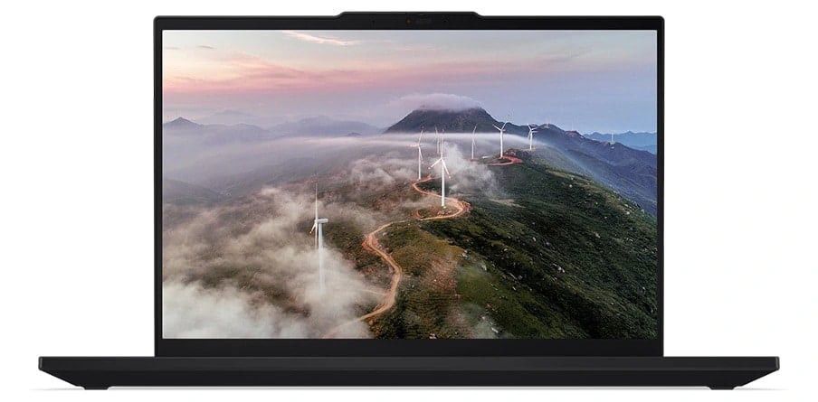 Ordinateur portable Lenovo ThinkPad T16 Gen 3 (16'' Intel) — vue de face, capot ouvert, affichant à l'écran une route de montagne flanquée de moulins à vent