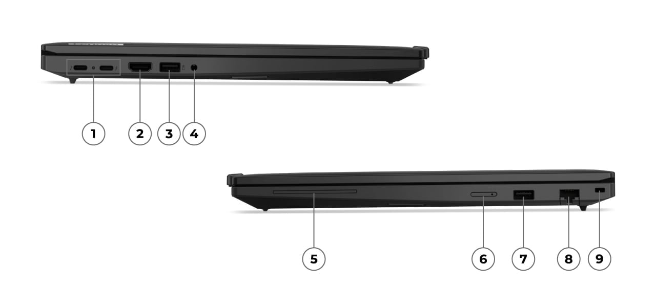 Deux portables Lenovo ThinkPad T16 Gen 3 (16'' Intel), aperçus des côtés gauche et droit l’un au-dessus de l’autre, couvercles fermés, avec ports numérotés pour identification