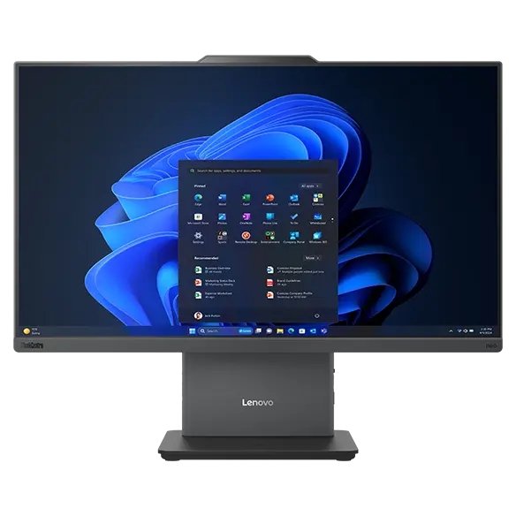 Lenovo ThinkCentre Neo 50a Gen 5 24 inch Intel monitor &ndash; close-up, front view, showing Windows menu against blue graphic background