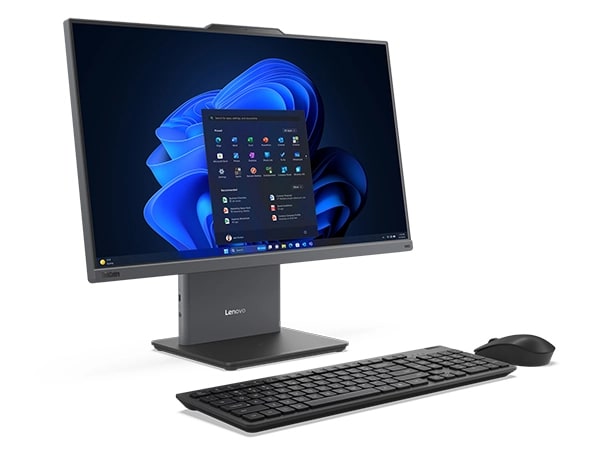 Lenovo ThinkCentre Neo 50a Gen 5 24 inch Intel monitor -- front-left angled view, with wireless keyboard and mouse