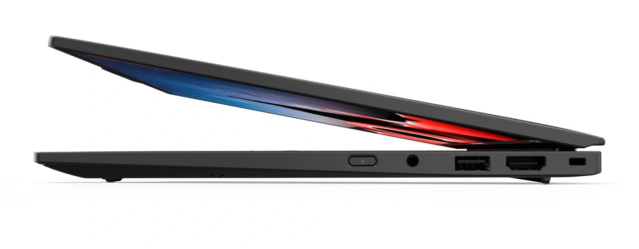 Vue latérale droite du PC portable Lenovo ThinkPad X1 Carbon Gen 12 ouvert à 20 degrés.