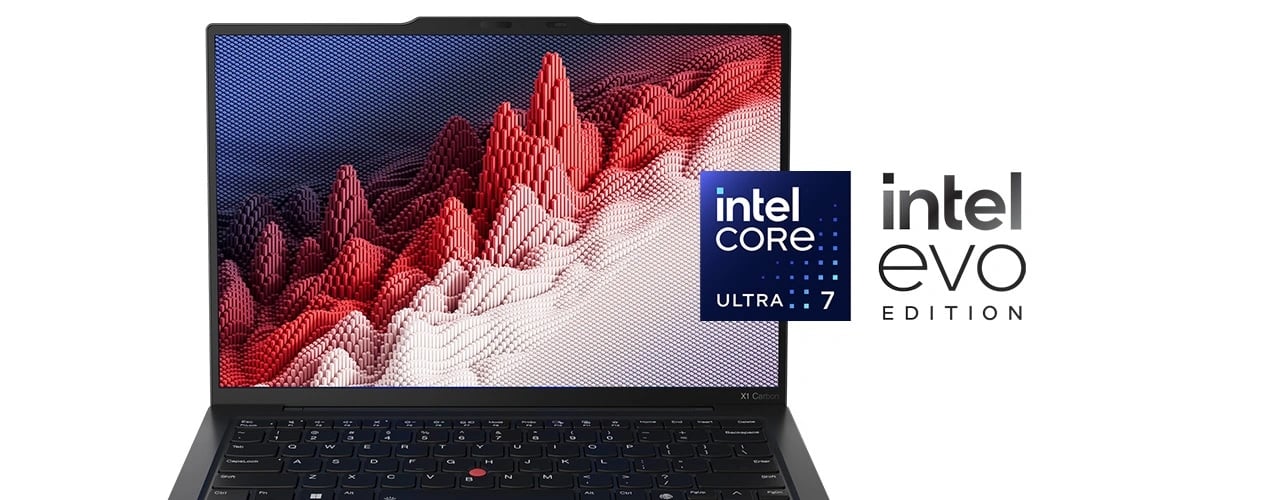 Close-up of display & keyboard on the Lenovo X1 Carbon Gen 12 open 90 degrees, with Intel Core Ultra & Intel Evo Edition badges.
