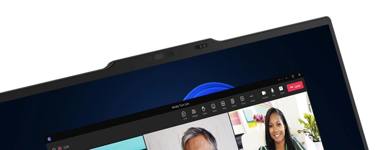 Vue rapprochée de la barre de communications en haut de l’écran du PC portable Lenovo ThinkPad X1 Carbon Gen 12.