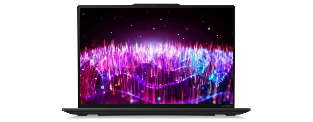Vue avant du PC portable Lenovo ThinkPad X1 Carbon Gen 12 ouvert à 90 degrés pour montrer l’écran 14'' avec barre de communications en haut.