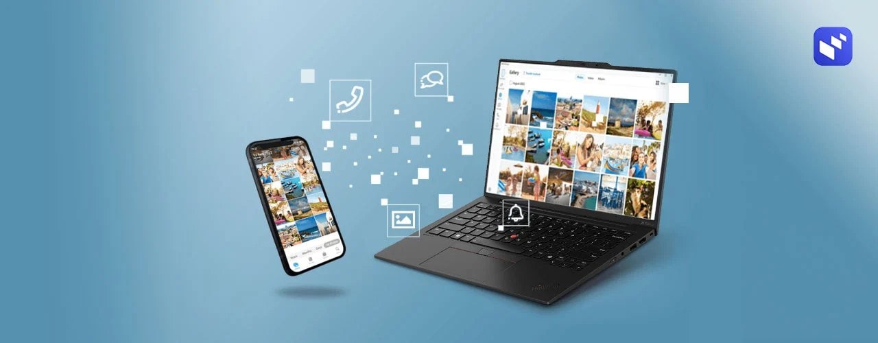 Smartphone flottant à côté du PC portable Lenovo ThinkPad X1 Carbon Gen 12 ouvert à 90 degrés avec icônes d’arrière-plan pour le téléphone, les messages et les notifications.