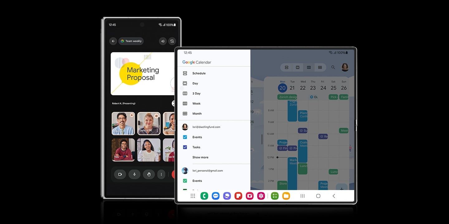 Deux appareils Galaxy Z Fold6. L&rsquo;un d&rsquo;eux est vu depuis l&rsquo;&eacute;cran ext&eacute;rieur avec une conf&eacute;rence t&eacute;l&eacute;phonique professionnelle en cours. L&rsquo;autre est vu depuis l&rsquo;&eacute;cran principal avec un calendrier Google partag&eacute; pour g&eacute;rer les horaires.