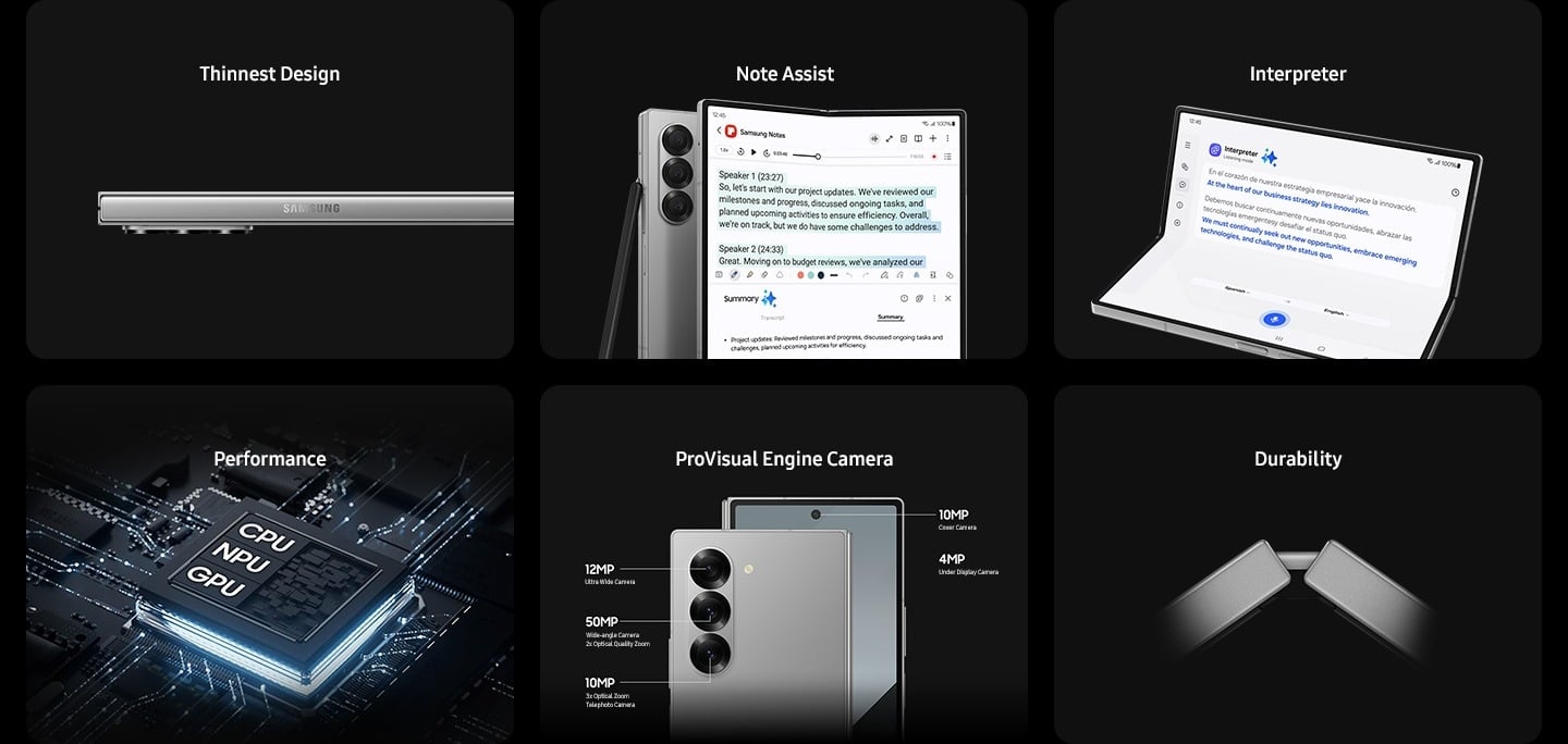 Design le plus fin. Note Assist. Interpreter. Performances : un processeur avec les mots NPU, GPU, CPU. Appareil photo ProVisual Engine : trois objectifs à l’arrière du Galaxy Z Fold6. Appareil photo arrière : Appareil photo ultra grand angle 12 mégapixels, Appareil photo grand angle 50 mégapixels Zoom de qualité optique 2x, 10 mégapixels Zoom optique 3x, Appareil photo téléobjectif. Appareil photo frontal : 10 mégapixels Appareil photo extérieur, 4 mégapixels Appareil photo sous l’écran. Durabilité.