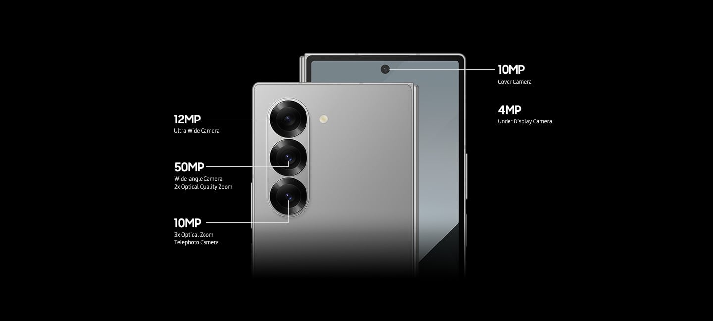Trois objectifs d’appareil photo à l’arrière du Galaxy Z Fold6. Appareil photo arrière : Appareil photo ultra grand angle 12 mégapixels, Appareil photo grand angle 50 mégapixels Zoom de qualité optique 2x, 10 mégapixels Zoom optique 3x, Appareil photo téléobjectif. Appareil photo frontal : 10 mégapixels Appareil photo extérieur, 4 mégapixels Appareil photo sous l’écran.