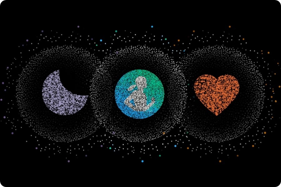 Trois ic&ocirc;nes d&rsquo;applications en pointill&eacute;s pour le suivi du sommeil, Samsung Health et le suivi de la fr&eacute;quence cardiaque sont align&eacute;es. Elles fusionnent en une seule avec l&rsquo;ic&ocirc;ne de suivi du sommeil sur le dessus. Elle devient l&rsquo;ic&ocirc;ne de l&rsquo;application Samsung Health et se transforme en graphique remplissant l&rsquo;Energy Score avec un score de &laquo;&nbsp;92&nbsp;&raquo; indiquant le score de bien-&ecirc;tre complet.