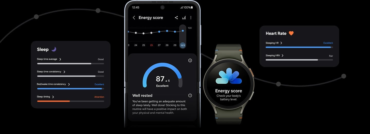 Une Galaxy Watch7 affichant une ic&ocirc;ne Energy Score tandis que le smartphone Samsung Galaxy jumel&eacute; affiche un score d&rsquo;&eacute;nergie de 87 et une r&eacute;partition du score en dessous. Les autres mesures de sant&eacute; contribuant au score d&rsquo;&eacute;nergie sont pr&eacute;sent&eacute;es s&eacute;par&eacute;ment.