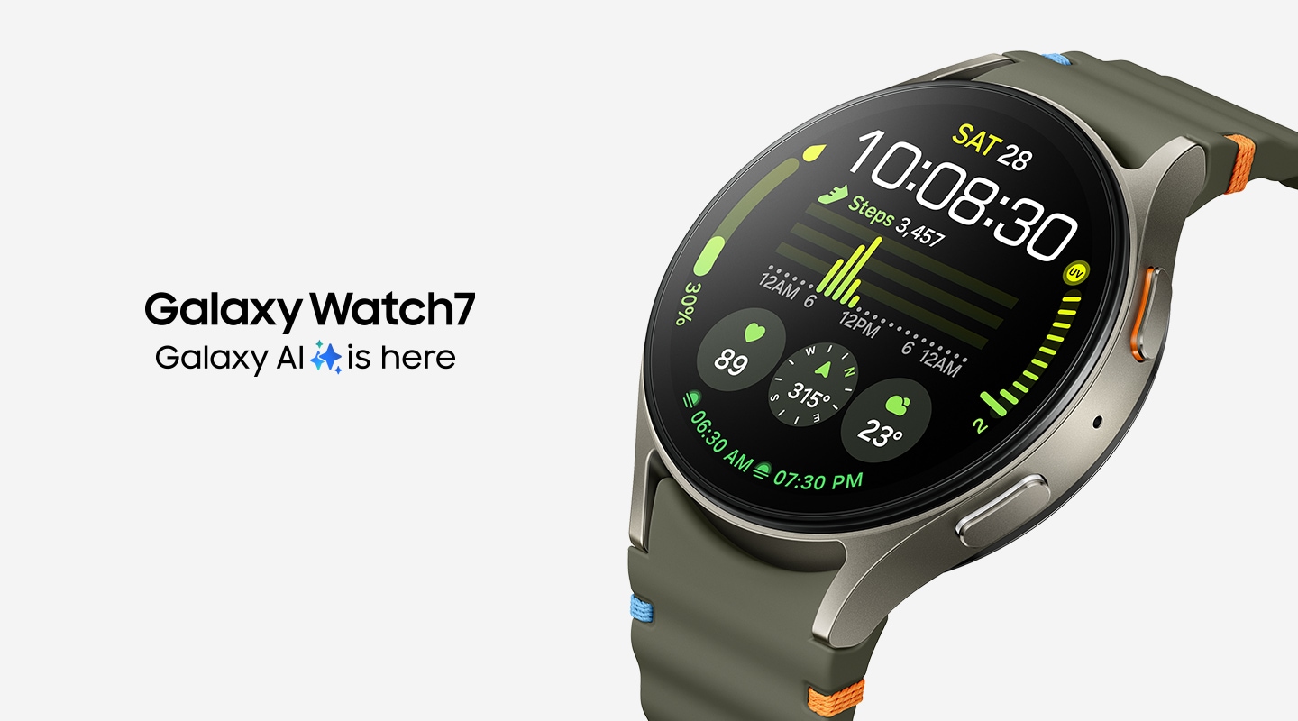 Une Galaxy Watch7 avec un cadran de montre affichant le rythme cardiaque, les pas et d&rsquo;autres mesures d&rsquo;entra&icirc;nement est l&eacute;g&egrave;rement inclin&eacute;e vers le haut &agrave; gauche. Le texte &laquo;&nbsp;La Galaxy AI est arriv&eacute;e&nbsp;&raquo; avec une ic&ocirc;ne Galaxy AI est visible.