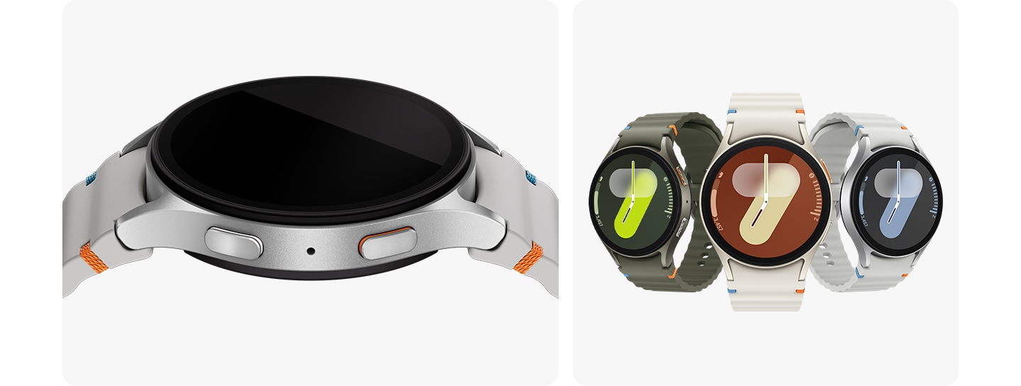 Une Galaxy Watch7 orient&eacute;e vers le haut est vue en gros plan, mettant en valeur son design flottant. Trois autres Galaxy Watch7 sont orient&eacute;es vers l&rsquo;avant sous des angles l&eacute;g&egrave;rement diff&eacute;rents pour montrer le design global.