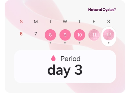 Calendrier de suivi du cycle indiquant les dates des r&egrave;gles avec un texte &laquo;&nbsp;Jour 3&nbsp;&raquo; et un logo Natural Cycles&deg; en haut &agrave; droite.