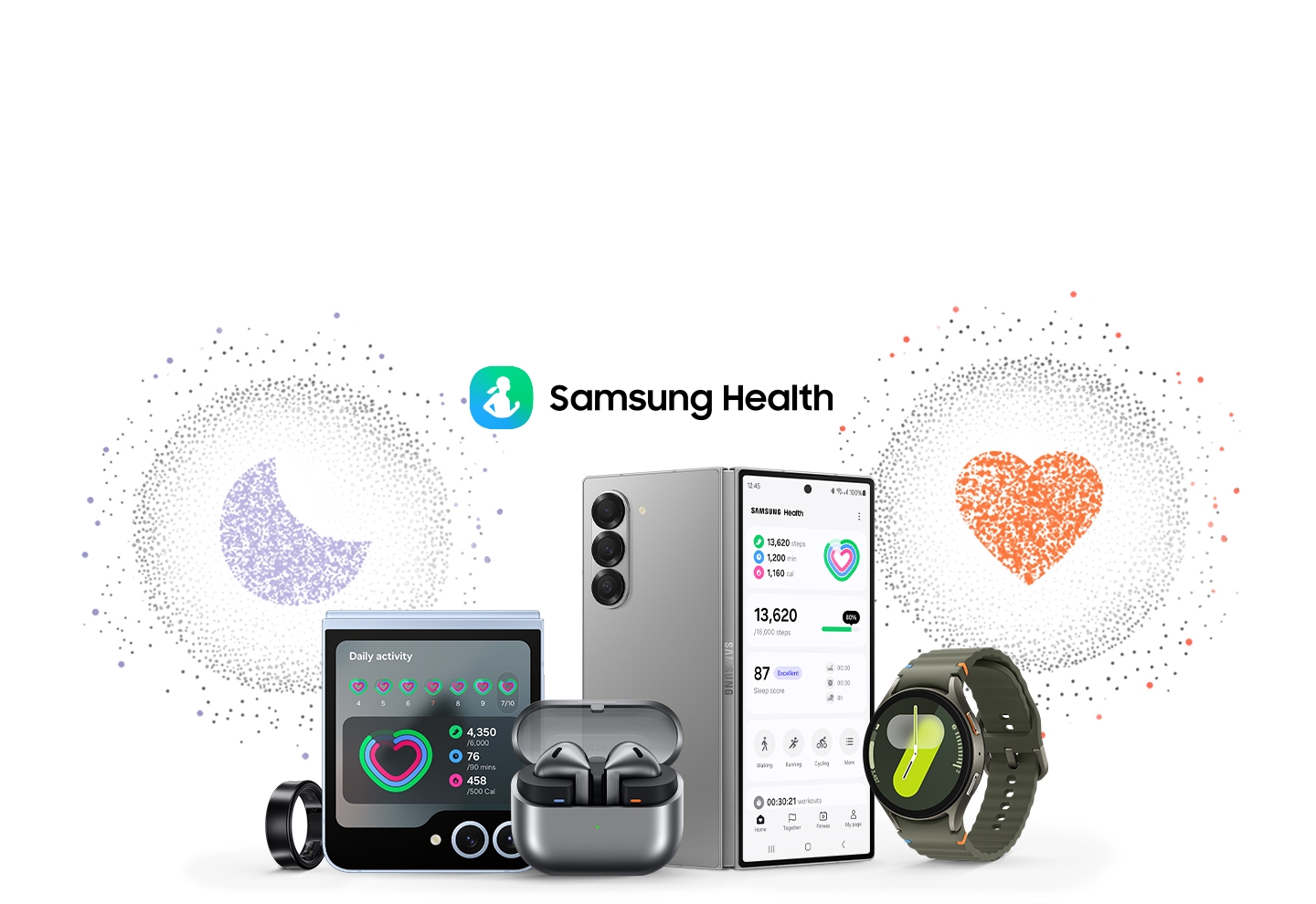 Un Galaxy Ring, un Galaxy Z Flip6, des Galaxy Buds3, un Galaxy Z Fold6 et une Galaxy Watch7 avec le texte &laquo;&nbsp;Samsung Health&nbsp;&raquo; et son logo. Les ic&ocirc;nes en pointill&eacute;s d&rsquo;applications du sommeil et du c&oelig;ur survolent les appareils.