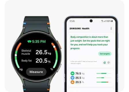 Une Galaxy Watch7 affichant la composition corporelle avec un bouton Mesurer et le smartphone Samsung Galaxy jumel&eacute; affichant un &eacute;cran de BIA cible fournissant des d&eacute;tails et des informations suppl&eacute;mentaires.