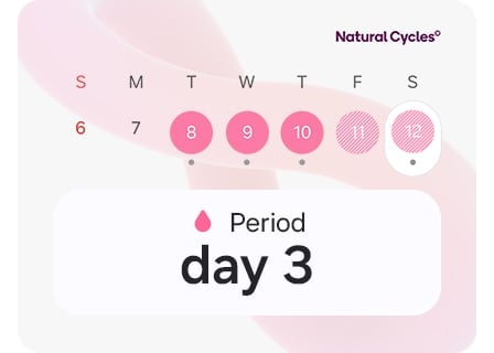 Calendrier de suivi du cycle indiquant les dates des r&egrave;gles avec un texte &laquo;&nbsp;Jour 3&nbsp;&raquo; et un logo Natural Cycles&deg; en haut &agrave; droite.