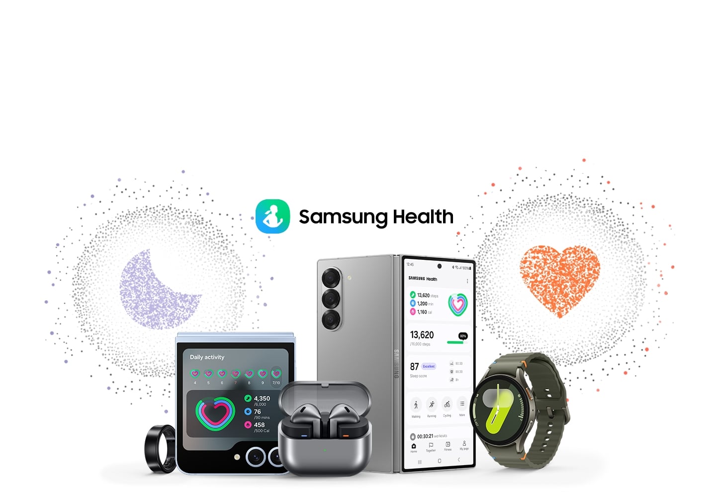 Un Galaxy Ring, un Galaxy Z Flip6, des Galaxy Buds3, un Galaxy Z Fold6 et une Galaxy Watch7 avec le texte &laquo;&nbsp;Samsung Health&nbsp;&raquo; et son logo. Les ic&ocirc;nes en pointill&eacute;s d&rsquo;applications du sommeil et du c&oelig;ur survolent les appareils.