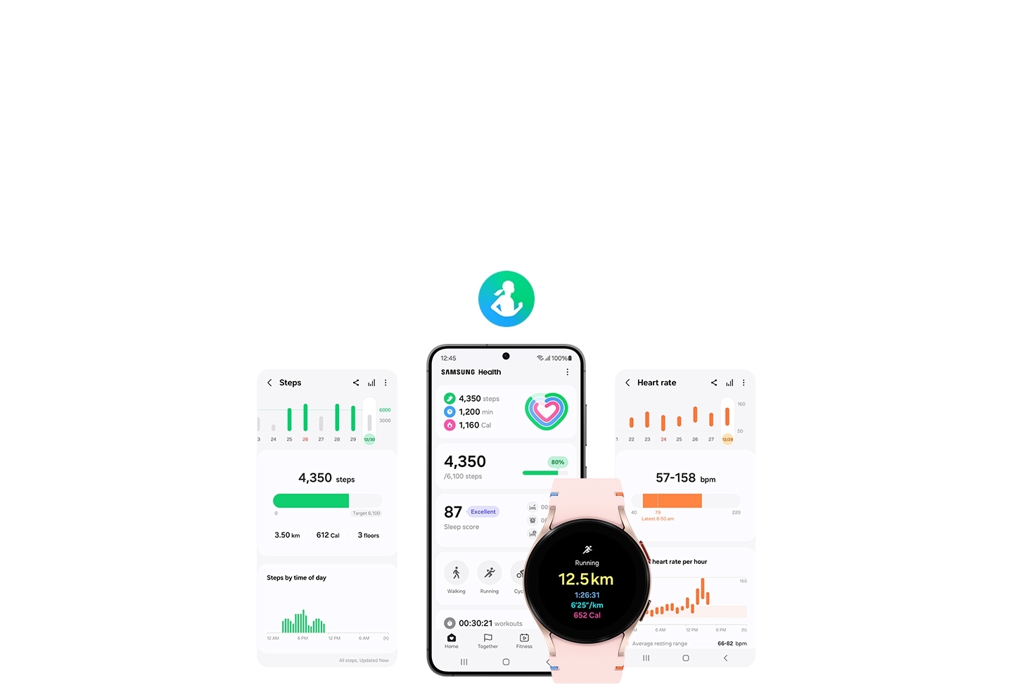 Different interfaces of Samsung Health app are shown. From left to right: An interface that asks the user&rsquo;s wellness interest including overall health, sleep, exercise, and healthy weight. An interface of total steps on daily base. The Galaxy S24 is seen from the front, showing its interface that counts total steps, duration of exercise, and calorie burnt. A pink gold Galaxy Watch FE with a pink gold stitch band is seen from the front. Its watch face displays the exercise type, which in this case is running, the total distance, the total duration, the pace per km, and the amount of calories burnt. A heart-rate interface shows the weekly heart rate data.