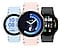 Three Galaxy Watch FEs are seen from the front. The silver watch on the left features a sky-blue stitch watch band. Its watch face displays the time, total steps, and heart rate. The pink gold watch in the middle has a pink stitch watch band. Its watch face shows the time, date, user's sleep score, and a penguin sleep animal symbol. The black watch on the right has a black stitch watch band. Its watch face shows the time, date, weather, user's heart rate, and the current exercise, which is bicycling in this case.