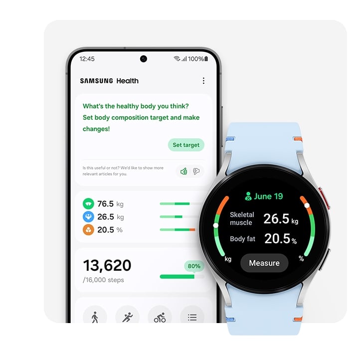 A silver Galaxy Watch FE is with a sky-blue stitch band is seen from the front. The watch face displays the time and the user's body composition results. At the center-bottom of the screen, there is a &lsquo;Measure&rsquo; button. To the left of the Galaxy Watch, there is a Galaxy S24 displaying the interfaces of Samsung Health, including body composition results, target setting, total steps, and various supported exercise programs.
