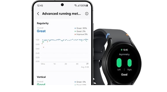 A black Galaxy Watch FE with a black stitch band is seen from the slanted right front. The watch face displays the time and the asymmetrical analysis of the left and right foot with the result saying 'good&rsquo;. To the left of the watch, a Galaxy S24 shows the interface of advanced running analysis, indicating the overall running performance.