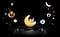 Different sleep animal symbols, including a lion, deer, penguin, hedgehog, sea lion, and mole, are floating in a starry night sky along with some stars. The penguin and hedgehog are resting on a yellow crescent moon. Below the crescent moon, there is a black Galaxy Watch FE seen from the side.