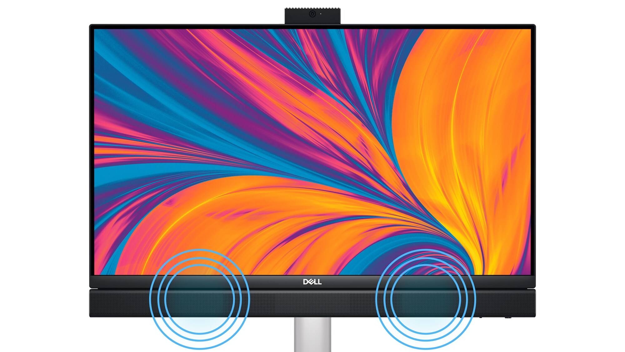 L&rsquo;ordinateur&nbsp;OptiPlex&nbsp;All-in-One qui pr&eacute;sente des ondes sonores provenant des haut-parleurs sur les c&ocirc;t&eacute;s gauche et droit de l&rsquo;&eacute;cran.