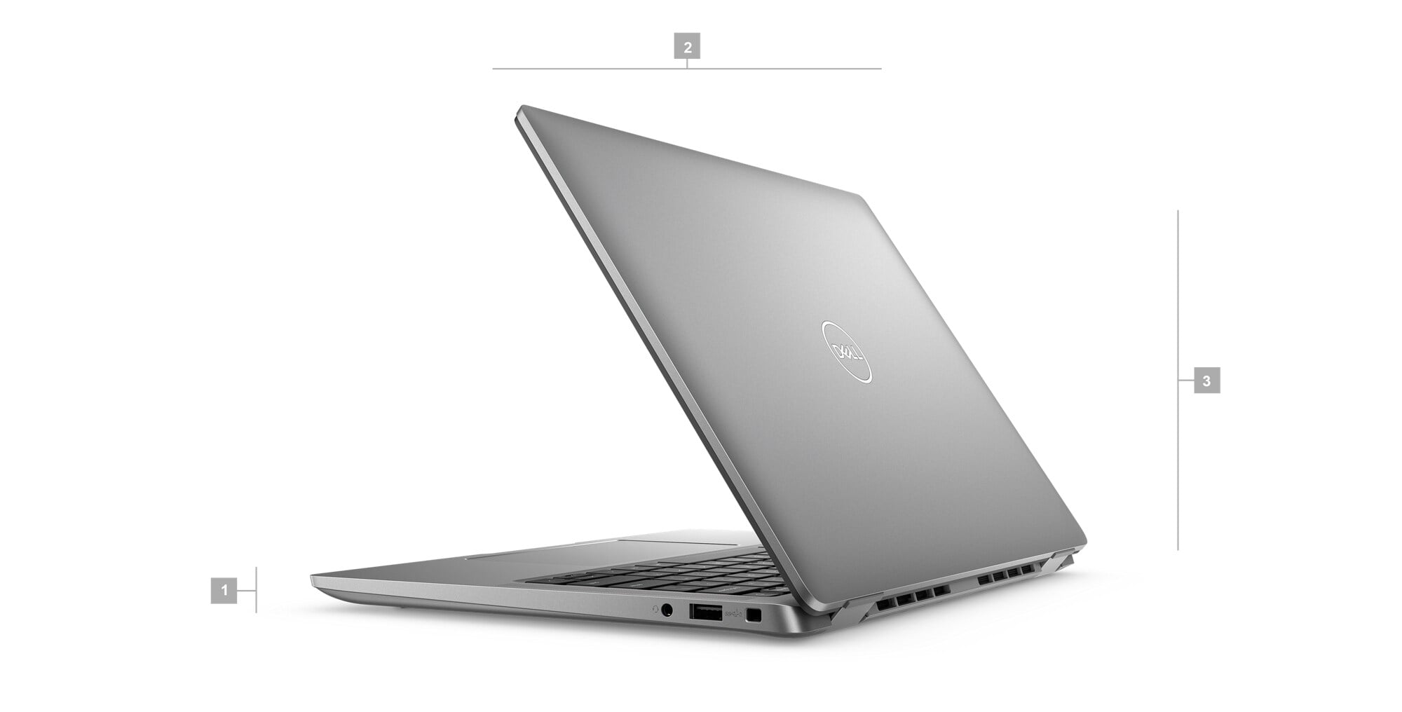 Ordinateur 2-en-1 Dell Latitude&nbsp;13&nbsp;7350 avec des num&eacute;ros compris entre&nbsp;1 et&nbsp;3 qui indiquent les dimensions et le poids du produit.
