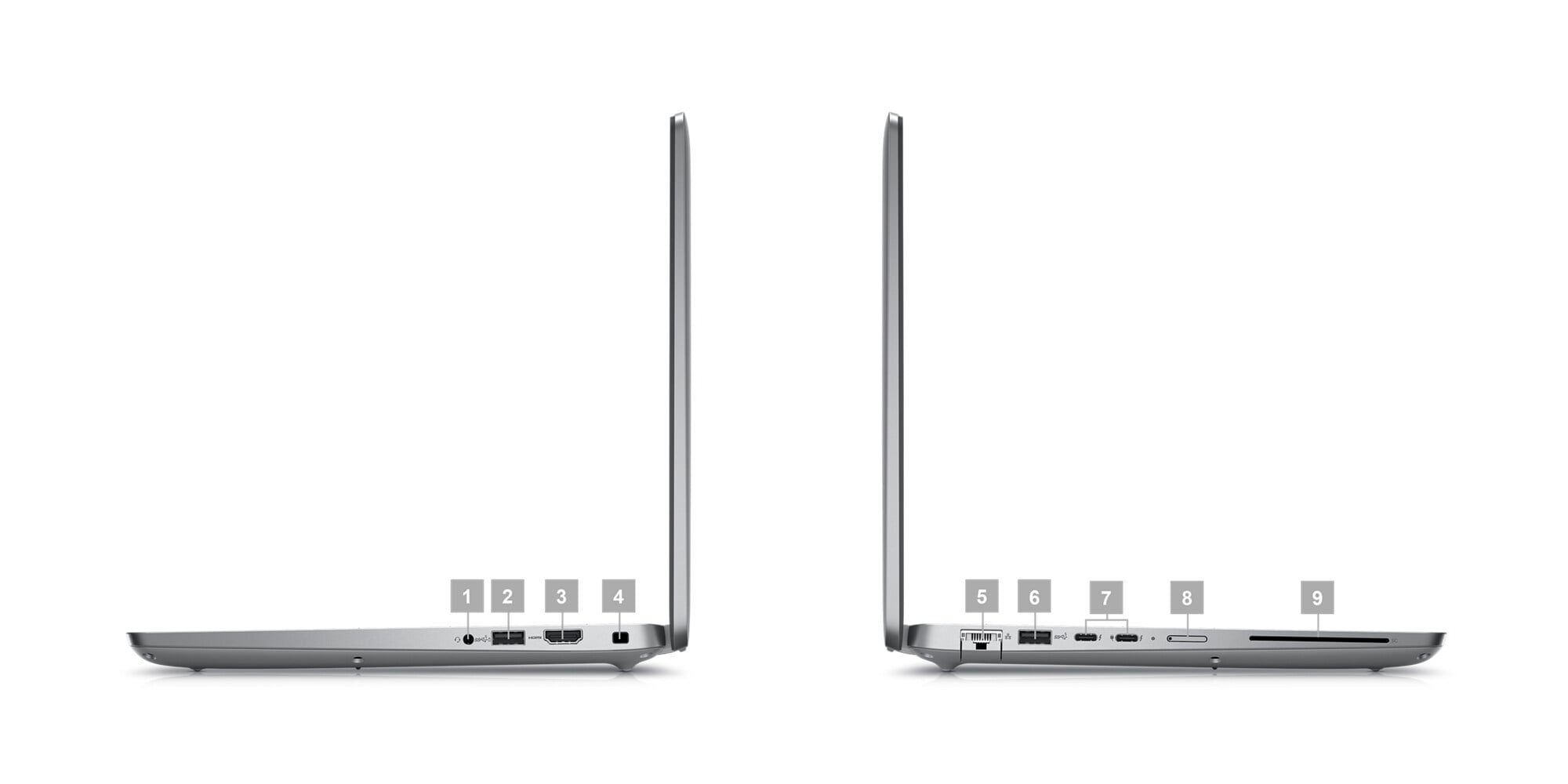 Ordinateur portable&nbsp;Dell&nbsp;Latitude&nbsp;14&nbsp;5440 avec des num&eacute;ros allant de&nbsp;1 &agrave;&nbsp;9 indiquant les ports et les logements du produit.