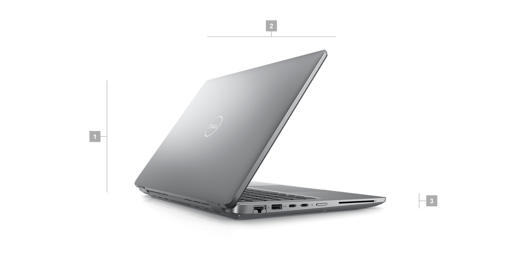 Ordinateur portable&nbsp;Dell&nbsp;Latitude&nbsp;14&nbsp;5440 avec des num&eacute;ros de&nbsp;1 &agrave;&nbsp;3 indiquant les dimensions et le poids du produit.