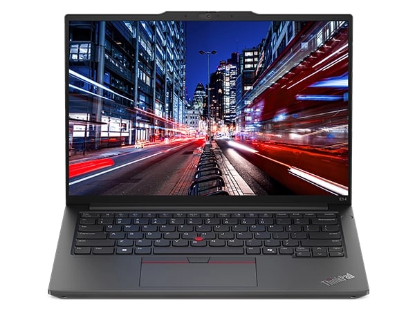 Ordinateur portable Lenovo ThinkPad&nbsp;E14 Gen&nbsp;6 (14'' Intel) orient&eacute; vers l'avant, ouvert, montrant l'&eacute;cran et le clavier.
