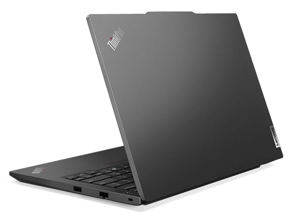 Vue arri&egrave;re du portable Lenovo ThinkPad E14 Gen&nbsp;6 (14'' Intel), l&eacute;g&egrave;rement ouvert, montrant le capot sup&eacute;rieur et une partie du clavier.