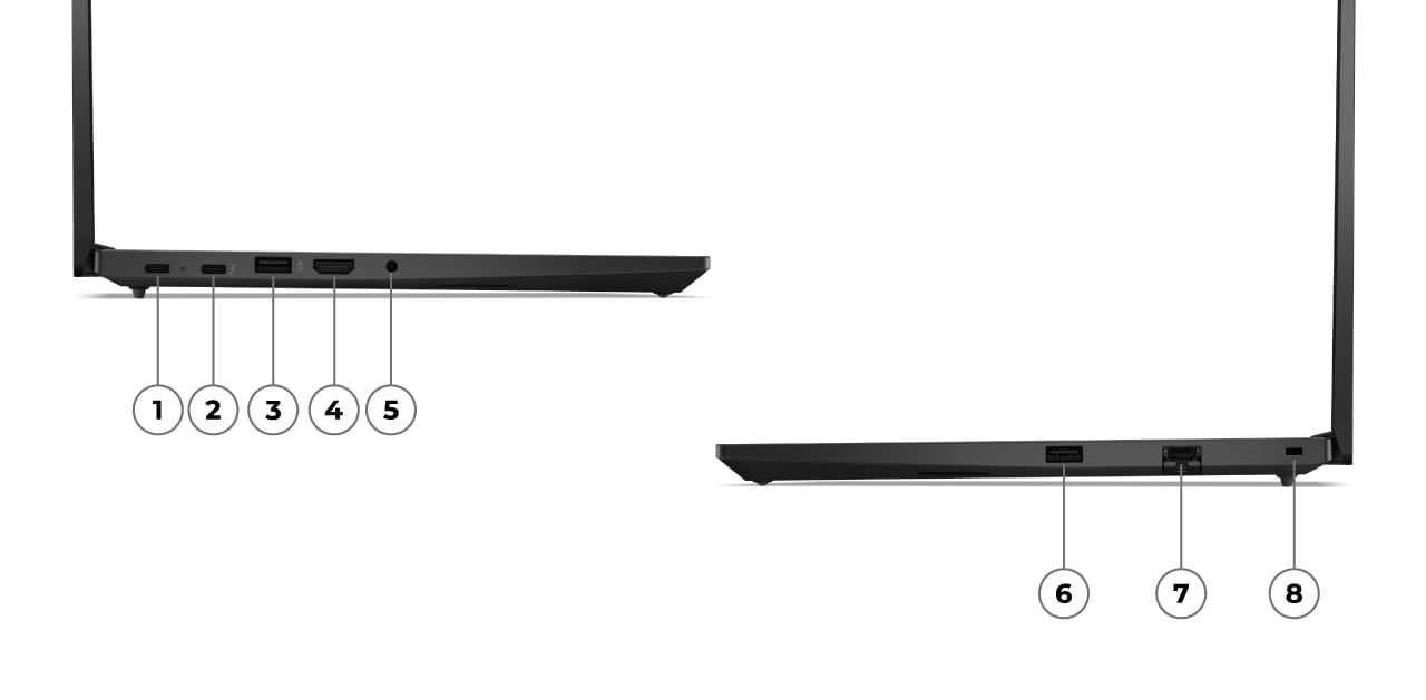 Gros plan du c&ocirc;t&eacute; gauche de l'ordinateur portable Lenovo ThinkPad E14&nbsp;Gen 6&nbsp;(14'' Intel), montrant les ports et les emplacements.   Gros plan du c&ocirc;t&eacute; droit de l'ordinateur portable Lenovo ThinkPad E14&nbsp;Gen 6&nbsp;(14'' Intel), montrant les ports et les emplacements.