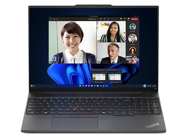 Vue de face du portable Lenovo ThinkPad E16 Gen 2 (16'' Intel), ouvert, montrant l'écran et le clavier.