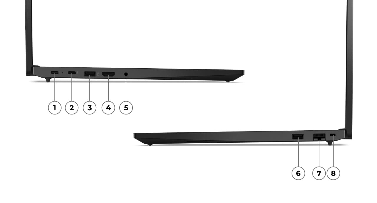 Gros plan sur le c&ocirc;t&eacute; gauche de l'ordinateur portable Lenovo ThinkPad E16&nbsp;Gen 2&nbsp;(16'' Intel), montrant les ports et les fentes. Gros plan du c&ocirc;t&eacute; droit de l'ordinateur portable Lenovo ThinkPad E16&nbsp;Gen 2&nbsp;(16' Intel), montrant les ports et les fentes.