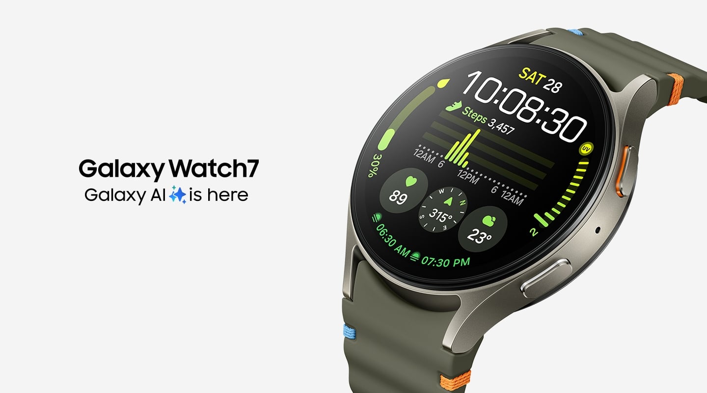 Une Galaxy Watch7 avec un cadran de montre affichant le rythme cardiaque, les pas et d&rsquo;autres mesures d&rsquo;entra&icirc;nement est l&eacute;g&egrave;rement inclin&eacute;e vers le haut &agrave; gauche. Le texte &laquo;&nbsp;La Galaxy AI est arriv&eacute;e&nbsp;&raquo; avec une ic&ocirc;ne Galaxy AI est visible.