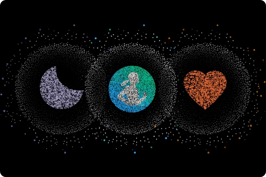 Trois ic&ocirc;nes d&rsquo;applications en pointill&eacute;s pour le suivi du sommeil, Samsung Health et le suivi de la fr&eacute;quence cardiaque sont align&eacute;es. Elles fusionnent en une seule avec l&rsquo;ic&ocirc;ne de suivi du sommeil sur le dessus. Elle devient l&rsquo;ic&ocirc;ne de l&rsquo;application Samsung Health et se transforme en graphique remplissant l&rsquo;Energy Score avec un score de &laquo;&nbsp;92&nbsp;&raquo; indiquant le score de bien-&ecirc;tre complet.
