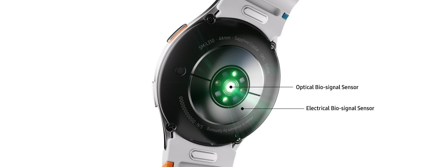 Une Galaxy Watch7 vue de dos montrant son capteur de bio-signal &eacute;lectrique et son capteur de bio-signal optique avec une lumi&egrave;re LED verte &eacute;mise du centre.