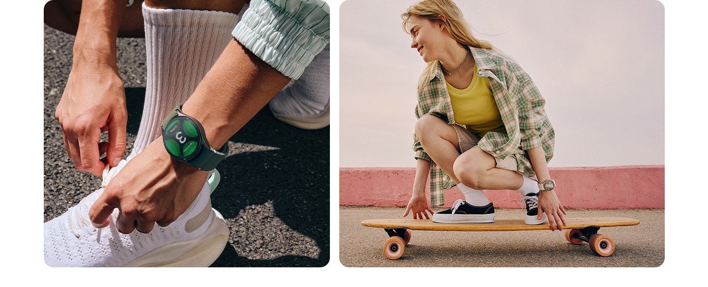Une main attachant des lacets porte une Galaxy Watch7 avec l&rsquo;&eacute;cran de compte &agrave; rebours du suivi d&rsquo;entra&icirc;nement. Dans une autre sc&egrave;ne, une femme portant une Galaxy Watch7 fait du skateboard.