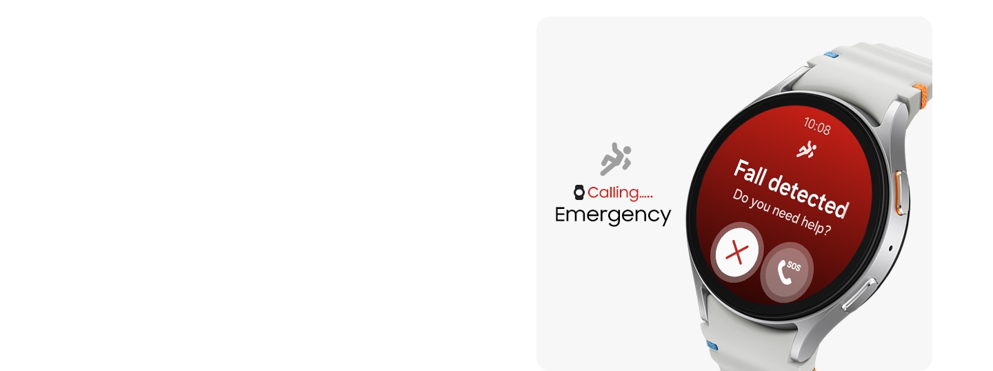 Une Galaxy Watch7 affichant un &eacute;cran de d&eacute;tection des chutes avec un texte &laquo;&nbsp;Chute d&eacute;tect&eacute;e&nbsp;&raquo;, un bouton d&rsquo;annulation et un bouton d&rsquo;appel SOS. Le texte &laquo;&nbsp;Appel... Urgence&nbsp;&raquo; s'affiche &agrave; c&ocirc;t&eacute;, indiquant qu'un appel d'urgence est en cours.
