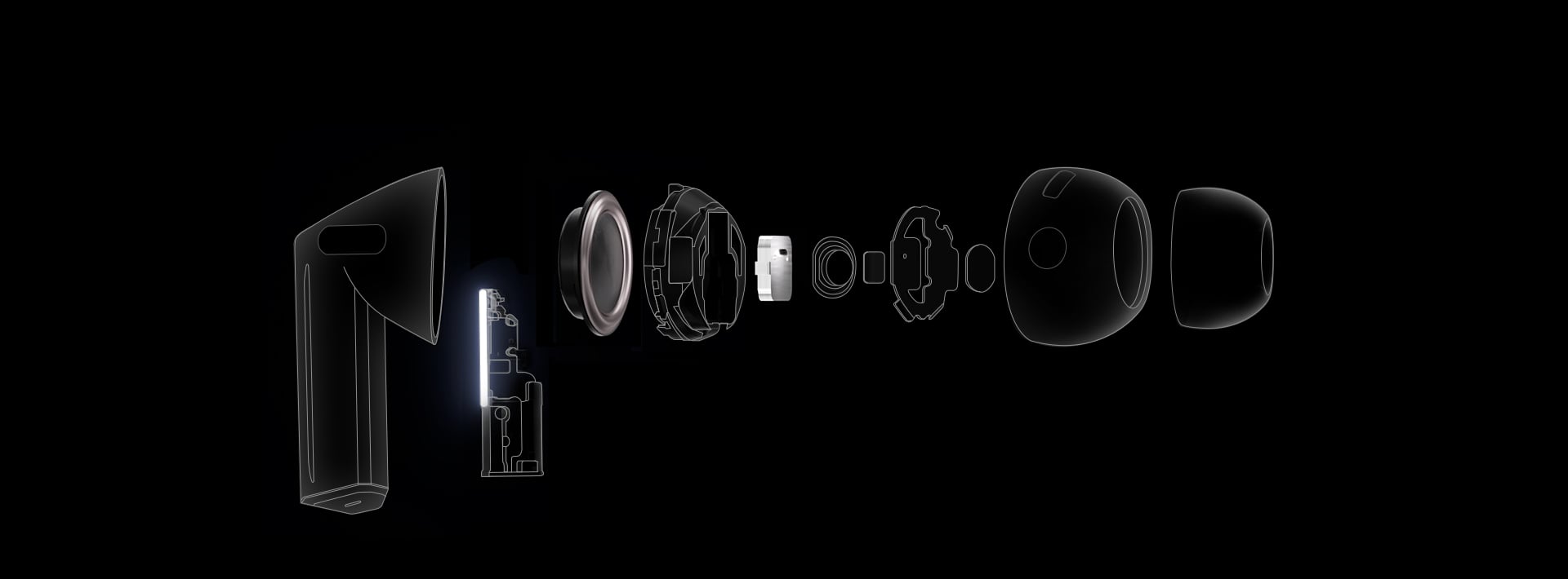Un seul &eacute;couteur Galaxy Buds3 Pro Argent montrant le double amplificateur, le haut-parleur bidirectionnel am&eacute;lior&eacute; et d&rsquo;autres parties internes.