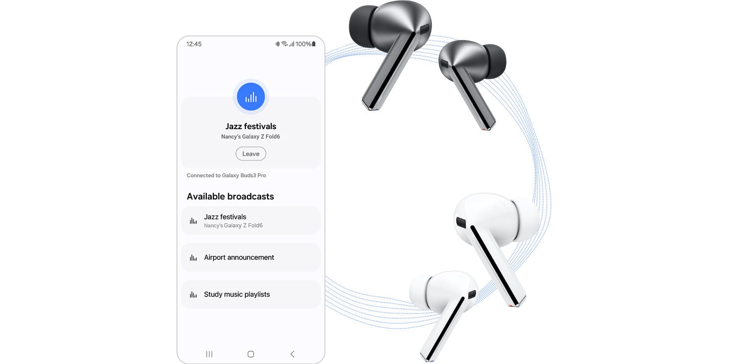 L&rsquo;application Auracast est ouverte &agrave; gauche d&rsquo;un cercle compos&eacute; de lignes. En haut du cercle se trouve une paire de Galaxy Buds3 Pro Argent, et en bas une paire de Galaxy Buds3 Pro Blanc.