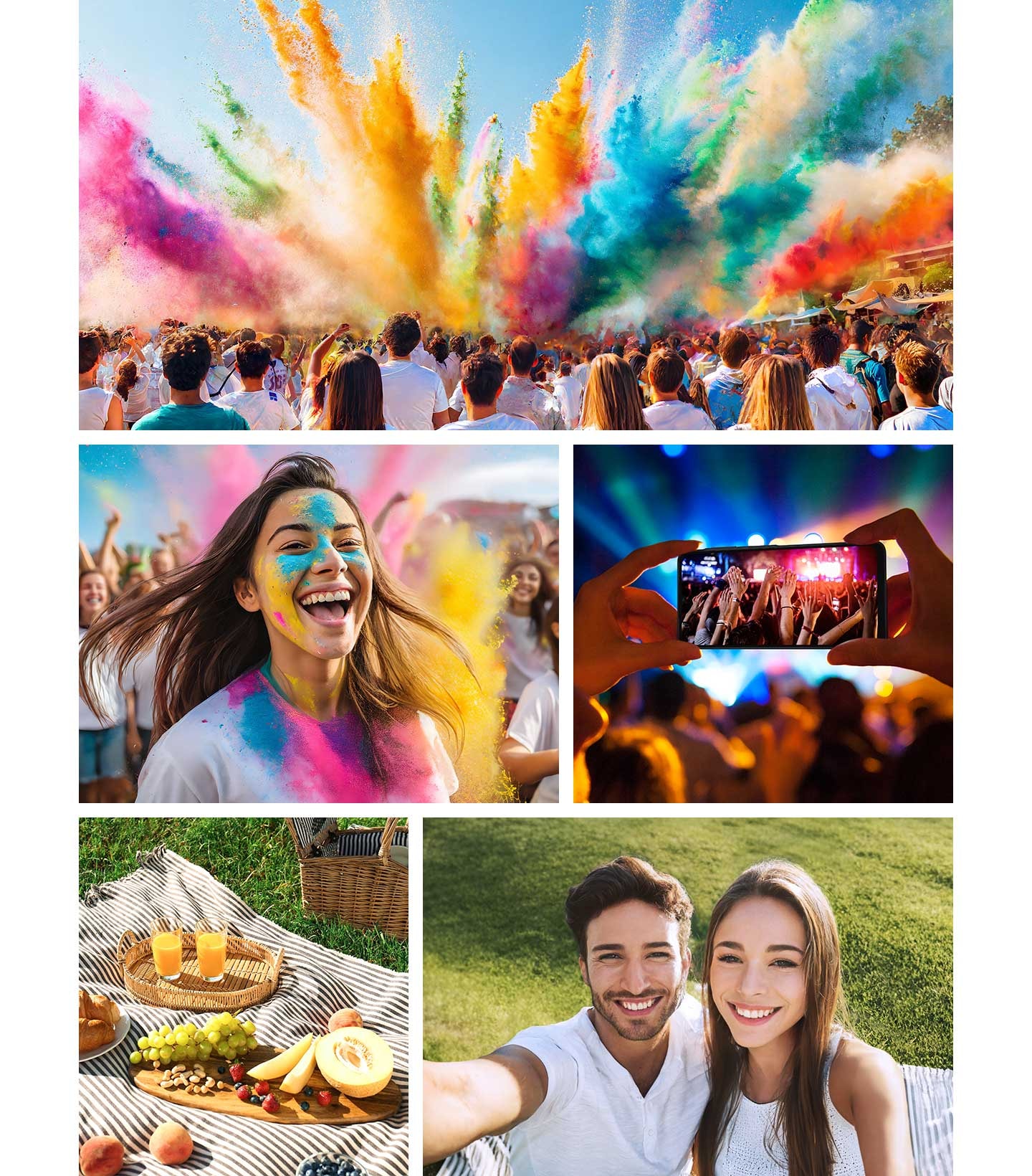 Une foule en pleine c&eacute;l&eacute;bration avec une poudre color&eacute;e. Au milieu &agrave; gauche, une femme sourit avec une poudre color&eacute;e sur le visage. Au milieu &agrave; droite, une main tenant le Galaxy A06 immortalise un concert de loin. En bas &agrave; gauche, un pique-nique avec nourriture et boissons sur une couverture. En bas &agrave; droite, un couple souriant prend un selfie &agrave; l&rsquo;ext&eacute;rieur.