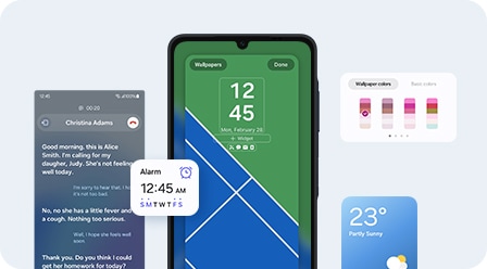 Un smartphone vu de face avec le r&eacute;glage sur l&rsquo;&eacute;cran de verrouillage en cours de modification. Live Translate, une alarme, un widget m&eacute;t&eacute;o et une palette de couleurs.