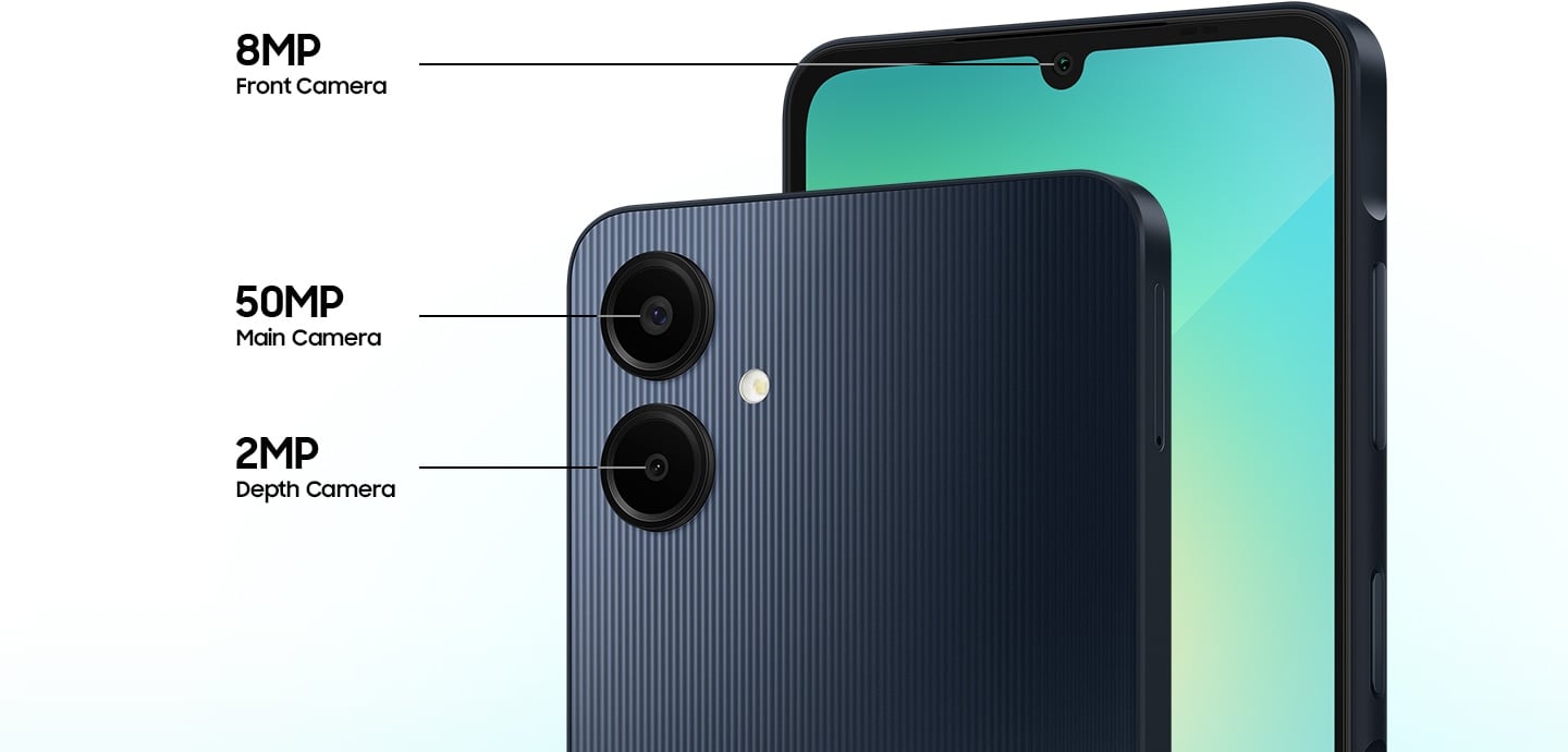Les caractéristiques de l’appareil photo Galaxy A06 indiquent « Appareil photo frontal 8 MP », « Appareil photo principal 50 MP » et « Capteur de profondeur 2 MP ».